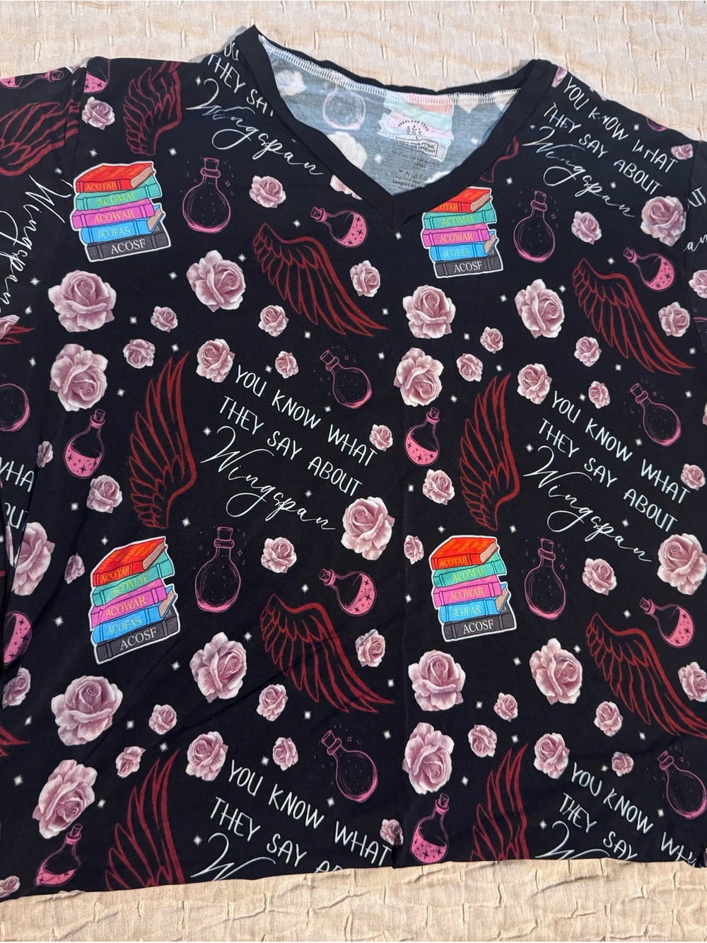Women's Black V-Neck MuuMuu with Pink Rose & Red Wing ACOTAR Print
